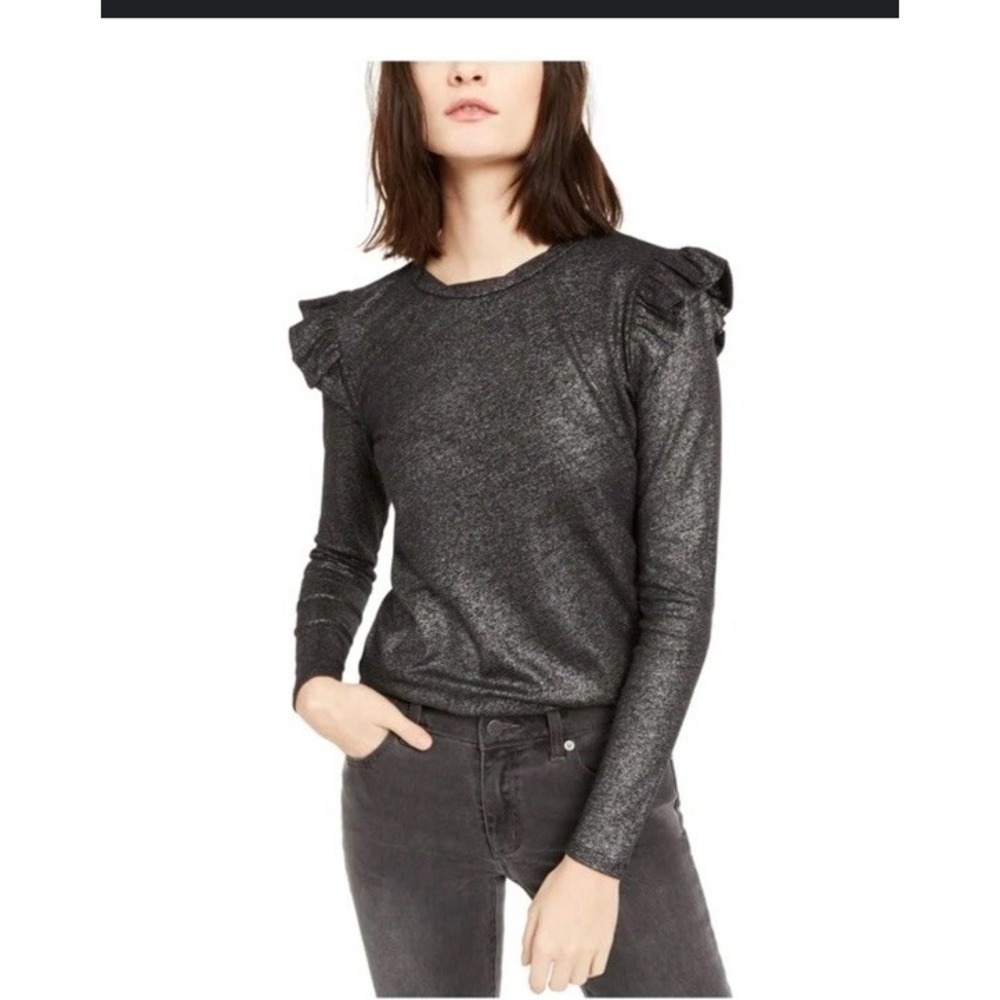 Michael Kors Raffle Shoulder Metallic Top S Gunmetal Black/ Silver New